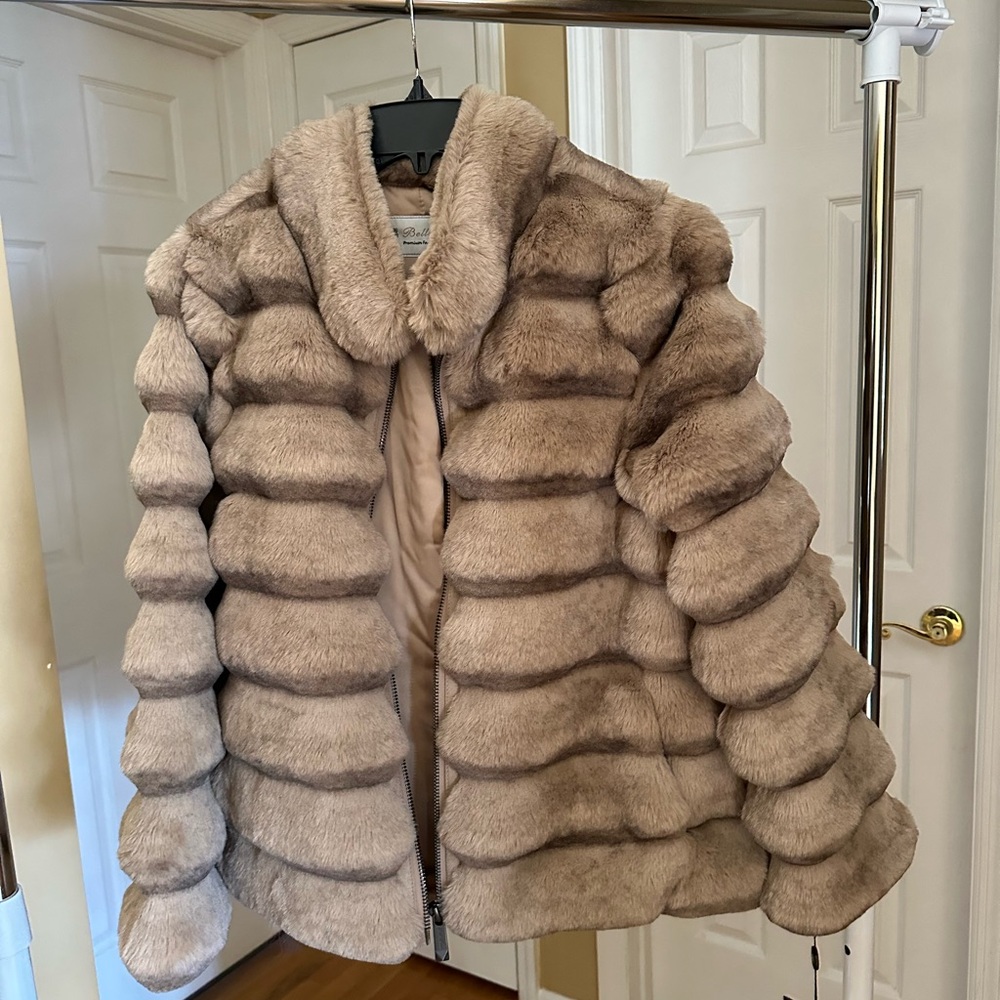 Belle Fare Faux Fur Quilted Jacket in Camel NWT